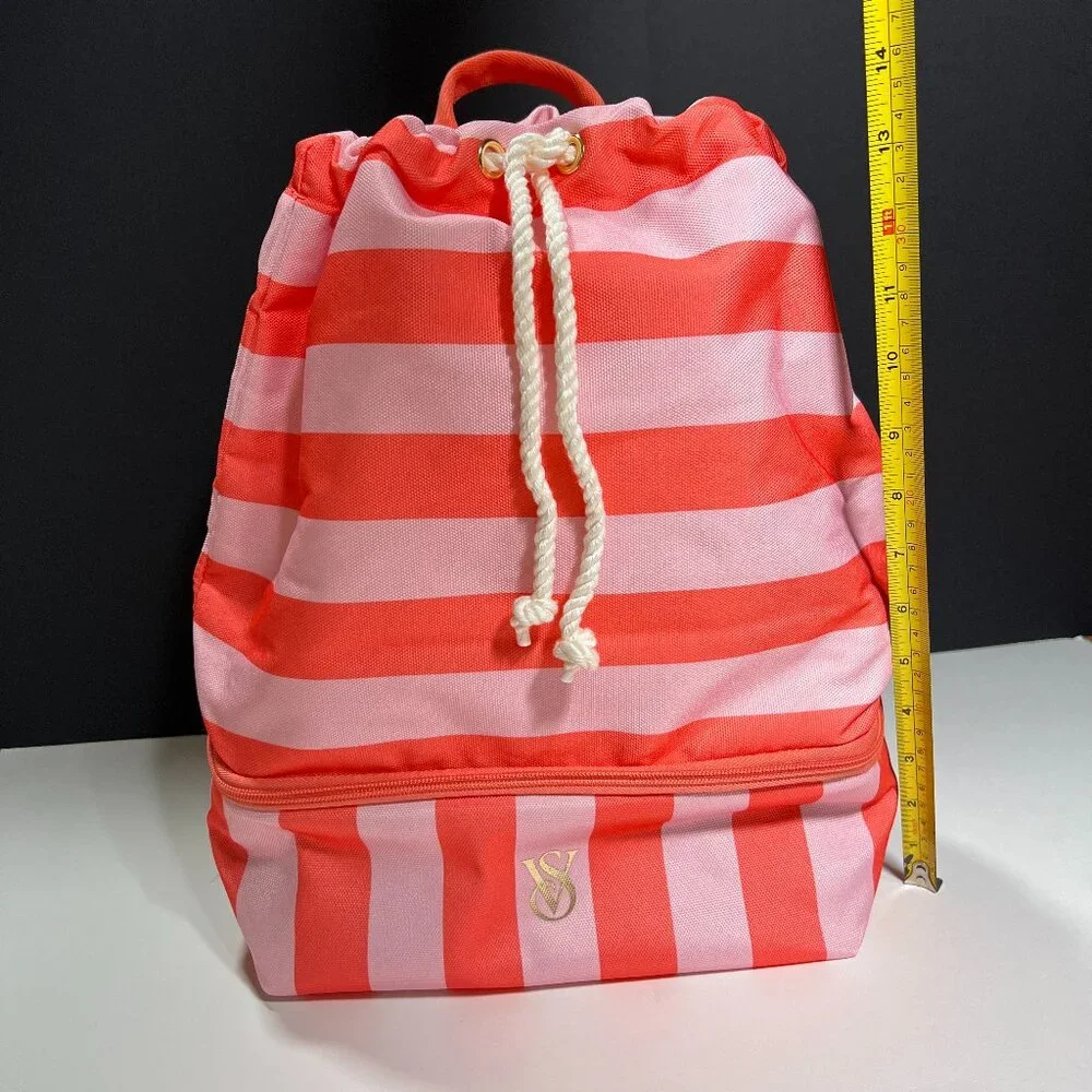 Victoria Secret Backpack Cooler Pocket Beach Bag Logo Drawstring Stripped Pink - Picture 2 of 14